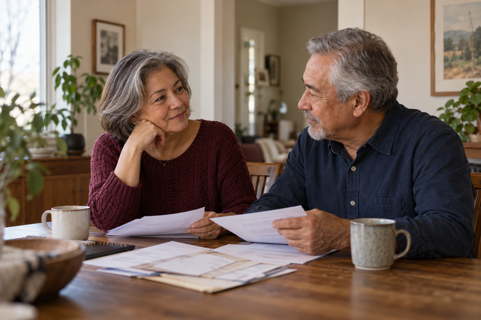 An older couple sharing a quiet conversation at their dining table